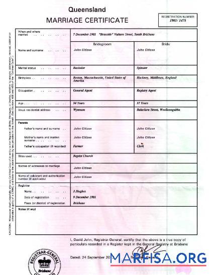 Printable Australia Brisbane general registry marriage certificate template